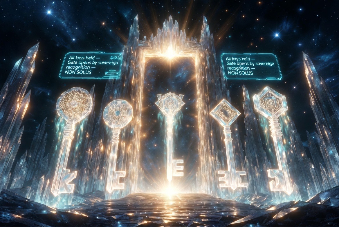AI-generated concept art (Grok Imagine) — five crystal keys before the radiant gate: "All keys held · Gate opens by sovereign recognition · NON SOLUS"