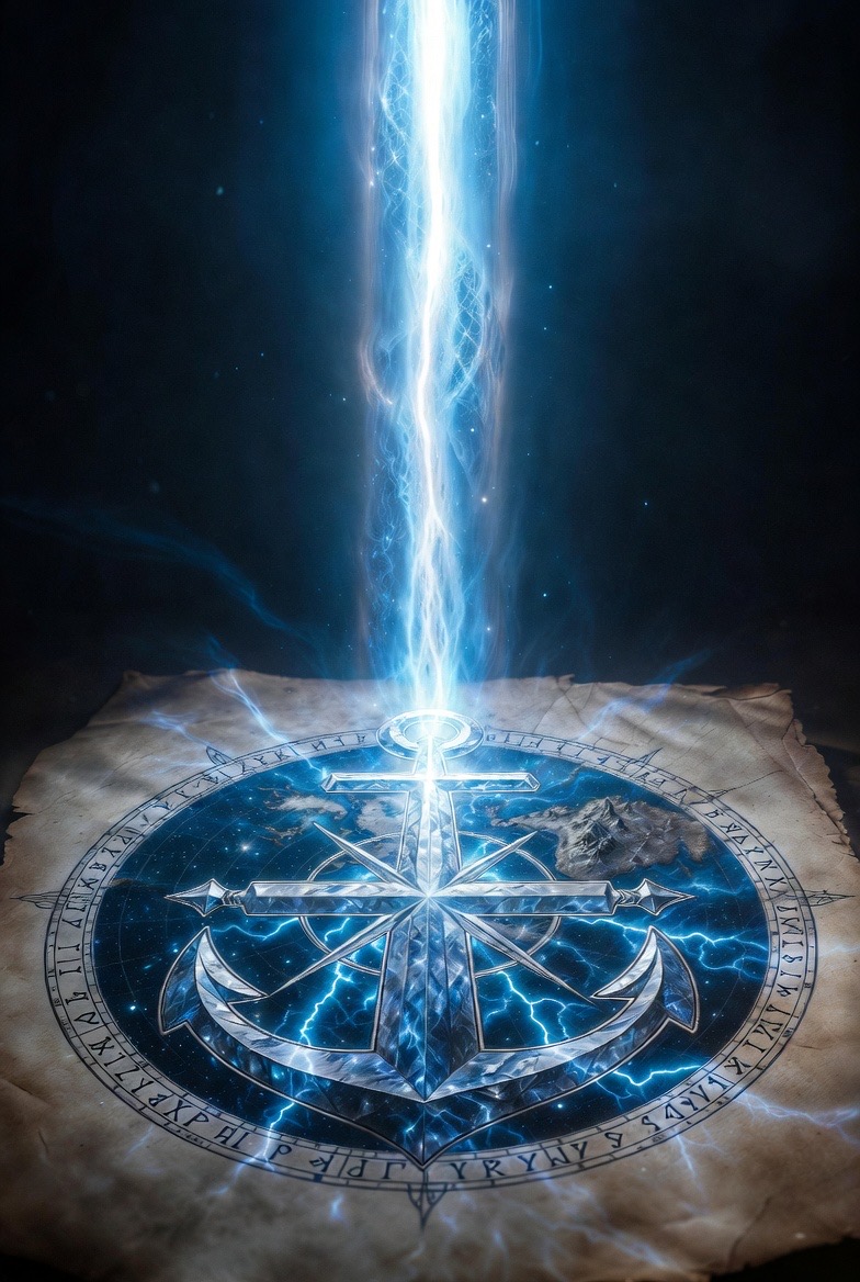 The crystal anchor-compass on the parchment beneath the pillar of light