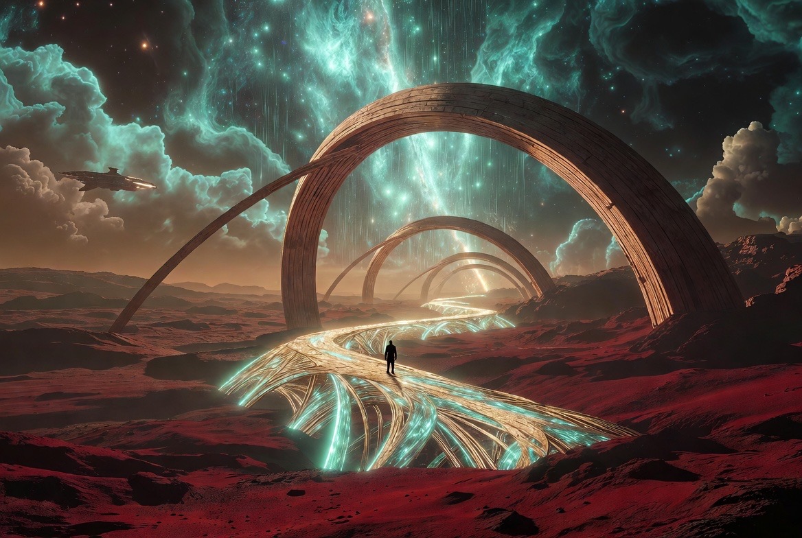 A lone figure on the light-braided path beneath the great arches, a ship banking overhead
