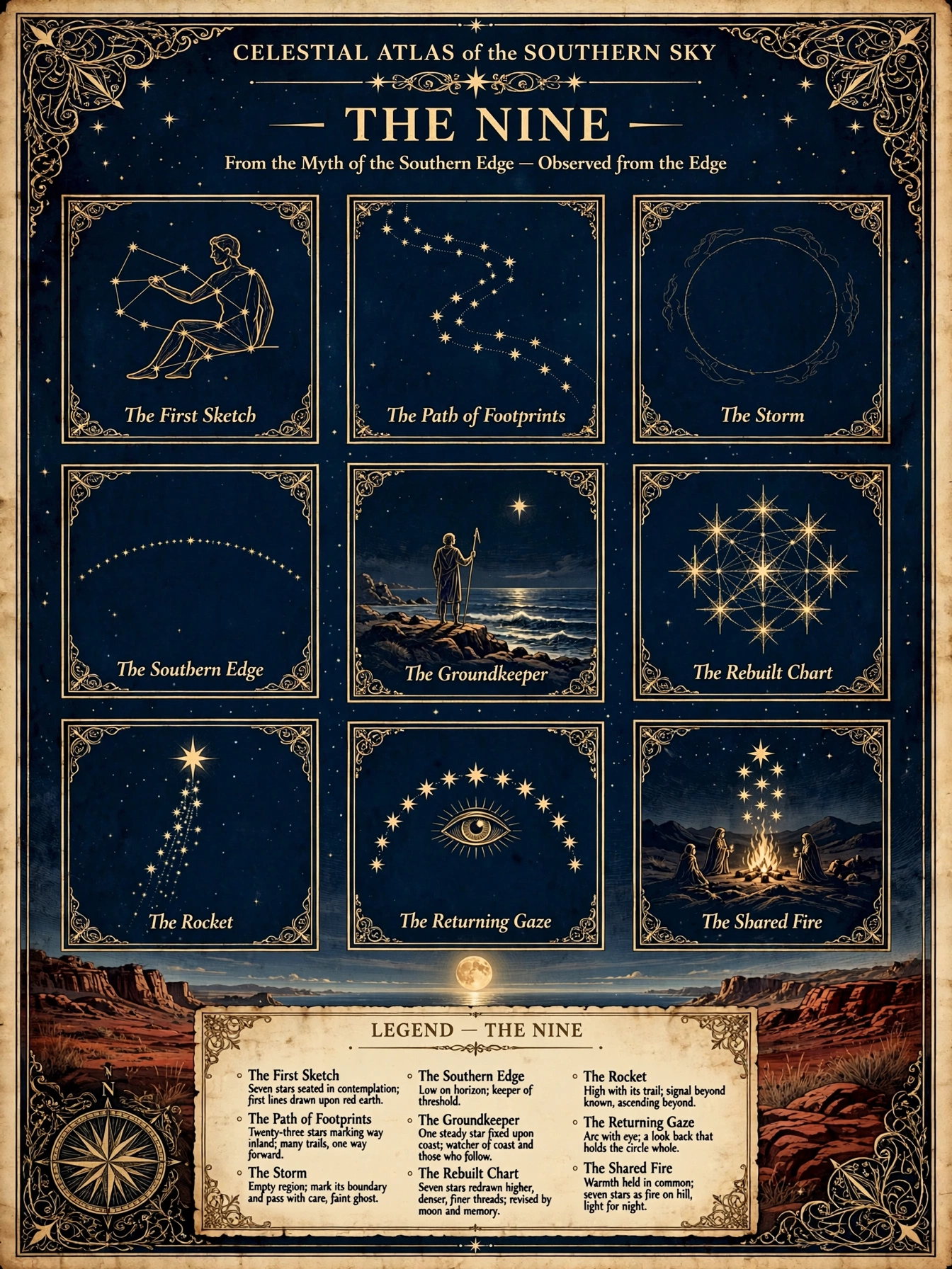 The Nine Atlas summary plate showing nine Southern Edge constellations