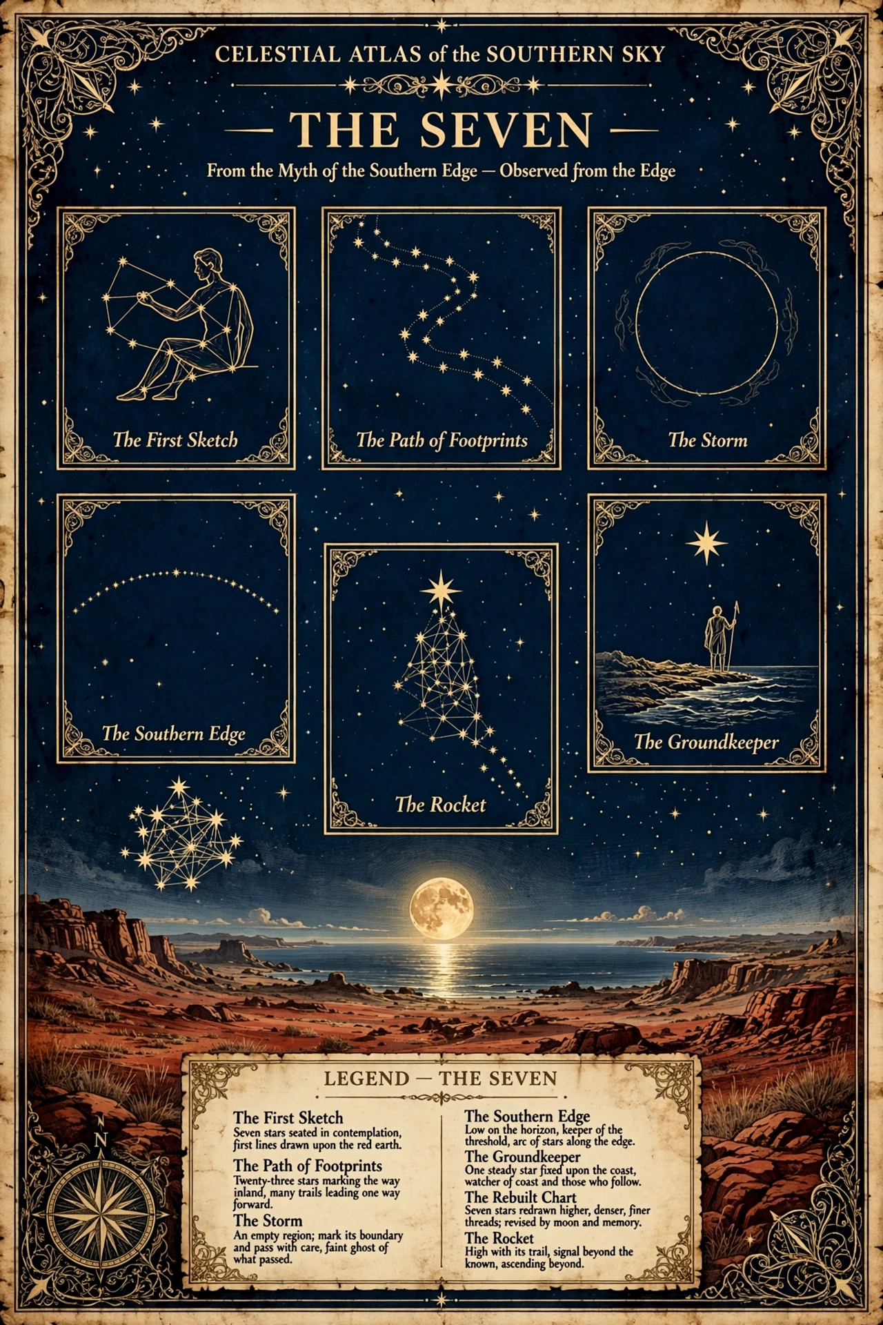 The Seven Atlas summary plate showing seven Southern Edge constellations