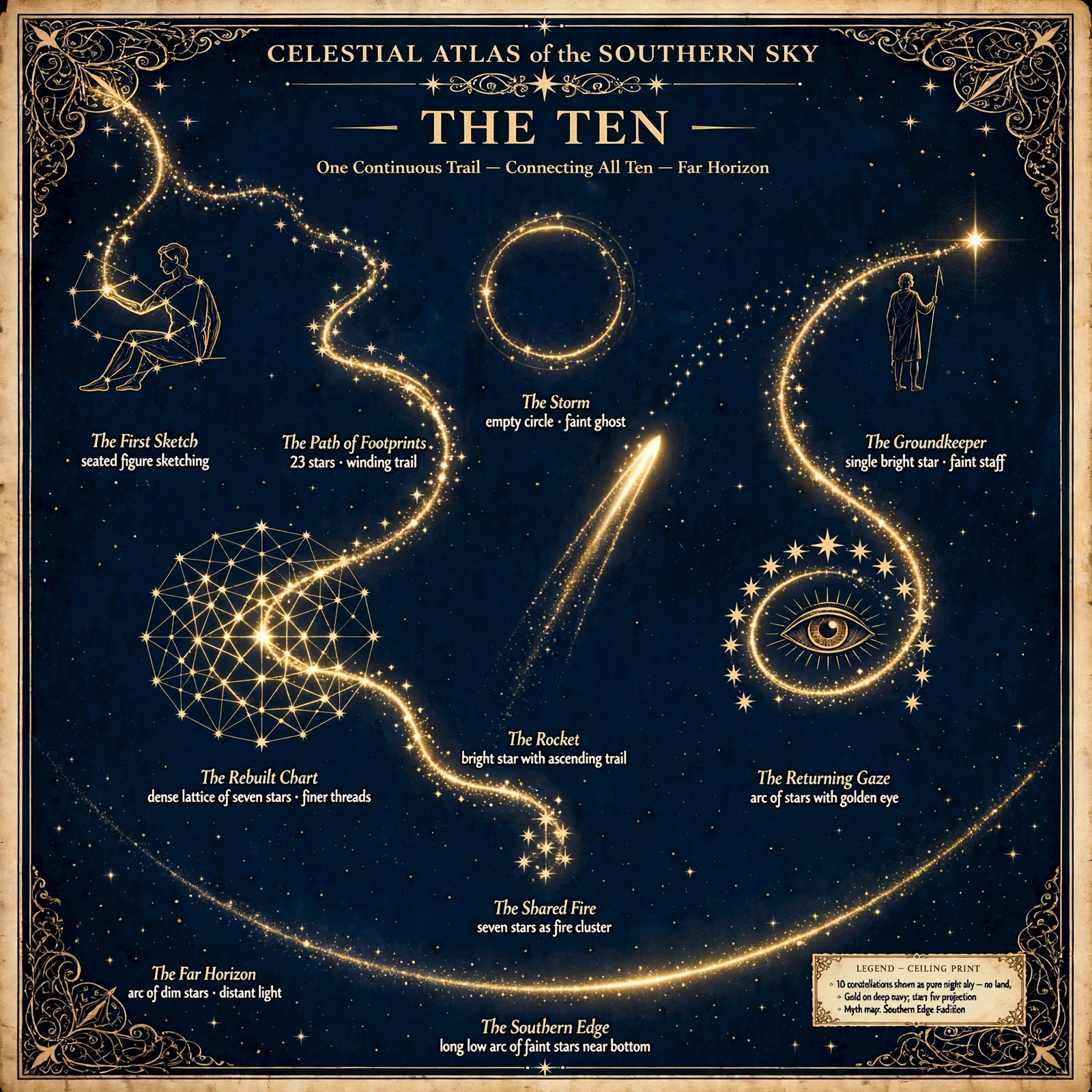 The Ten constellation map with the Southern Edge trail and ten figures