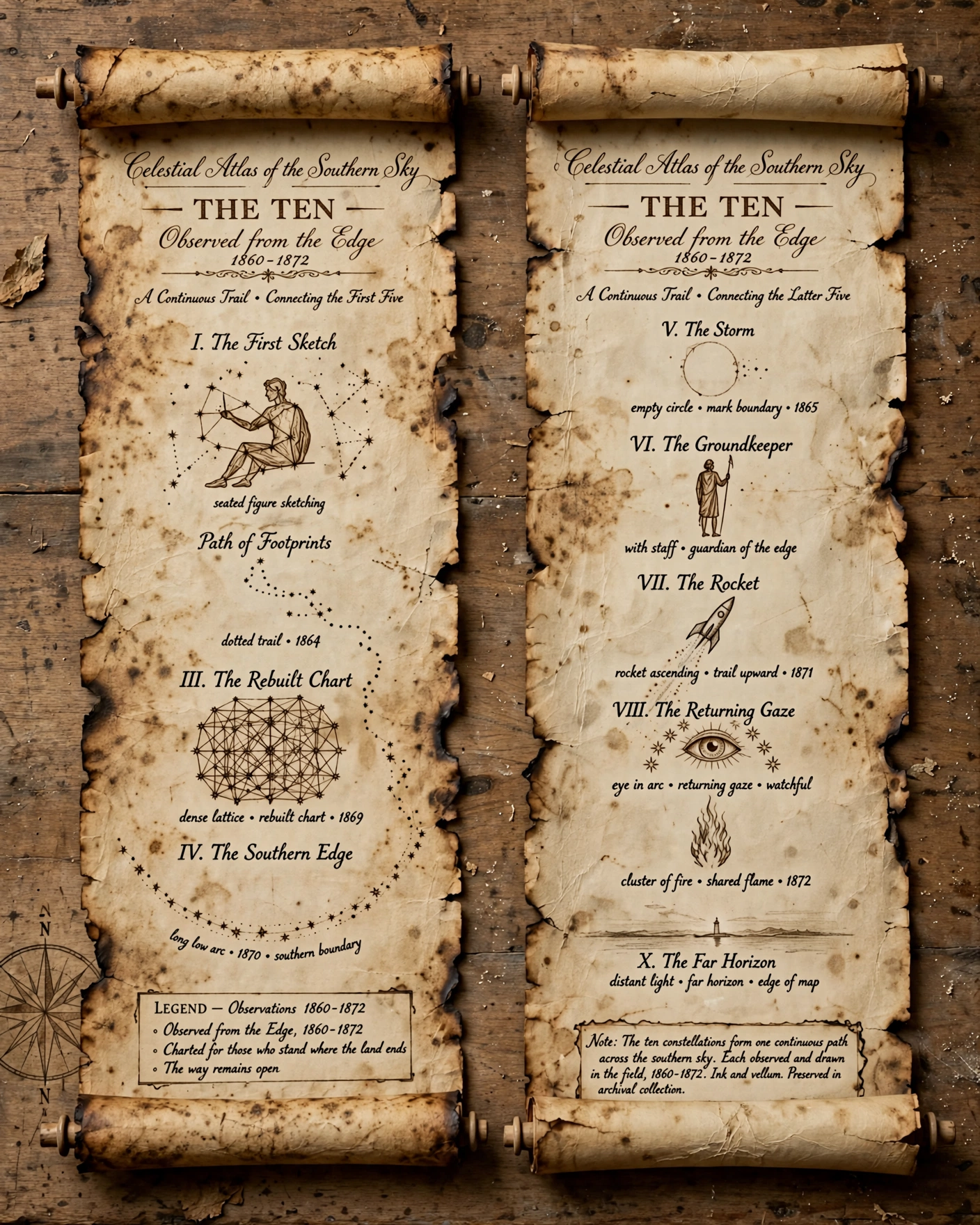 The Ten parchment scroll pair listing the continuous trail from the First Sketch to the Far Horizon