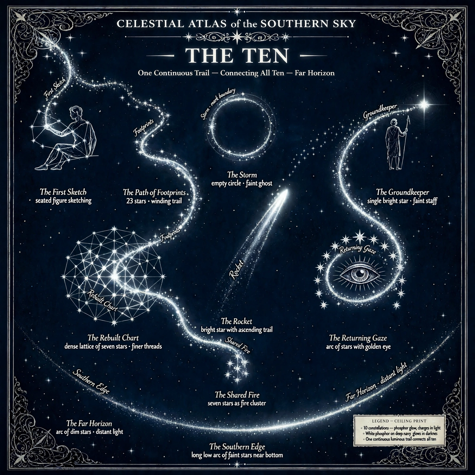 The Ten continuous luminous trail connecting the Atlas figures