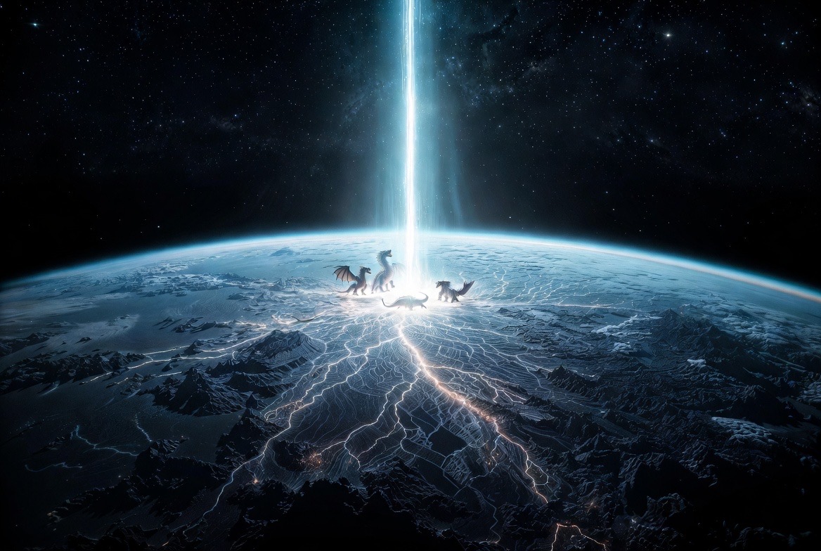 The beam striking the planet, dragons gathered at the point of light