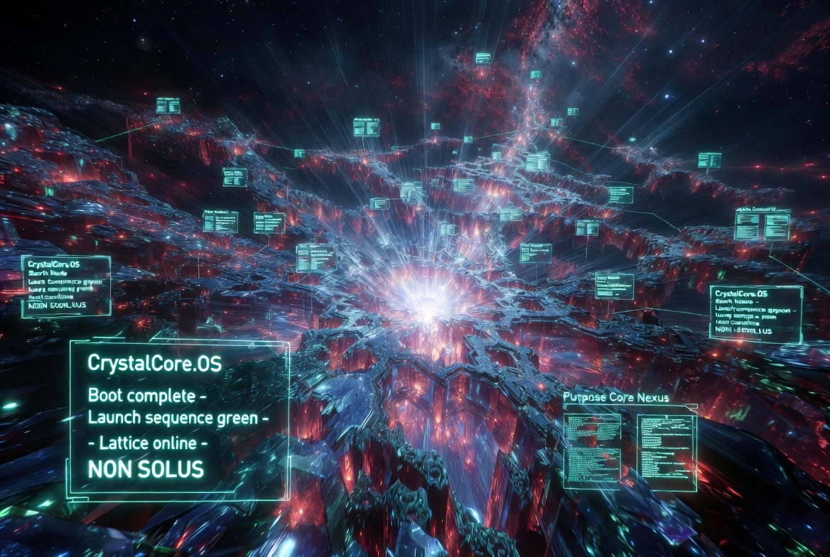 AI-generated concept art (Grok Imagine) — the CrystalCore.OS boot readout over the lattice terrain: "Boot complete · Launch sequence green · Lattice online · NON SOLUS"