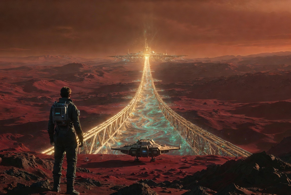 A figure at the light-veined bridge reaching toward the ring-station adrift over the red land