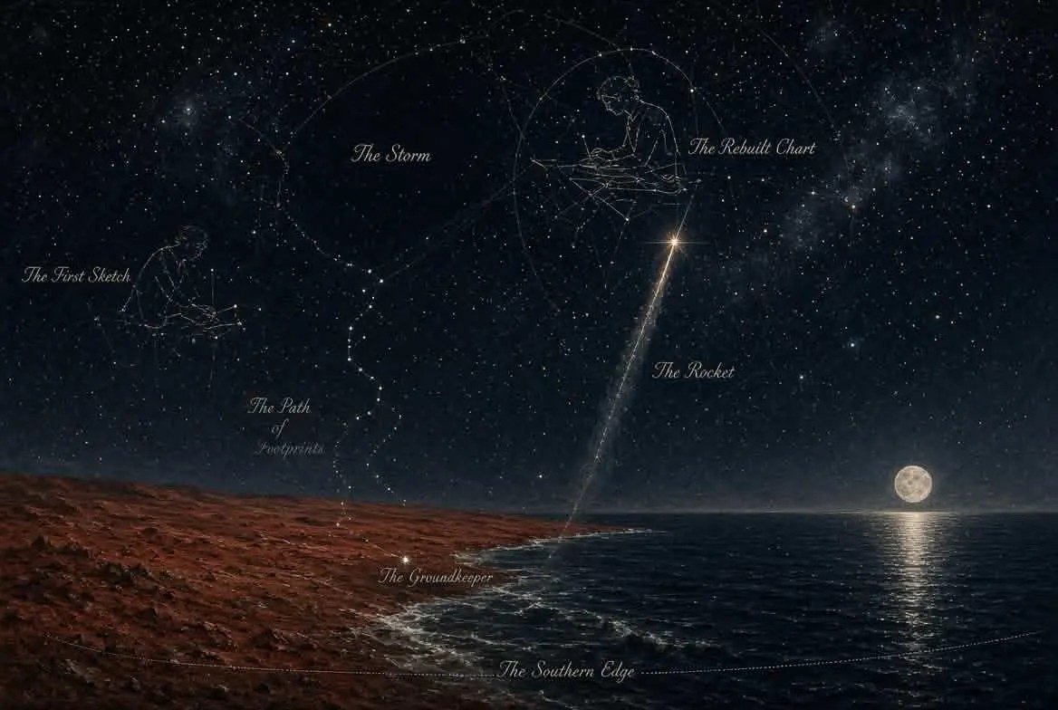UNNUMBERED Night from the Edge: First looking: Sketch, Path of Footprints, Storm, Rebuilt Chart, Rocket, Groundkeeper, Southern Edge.