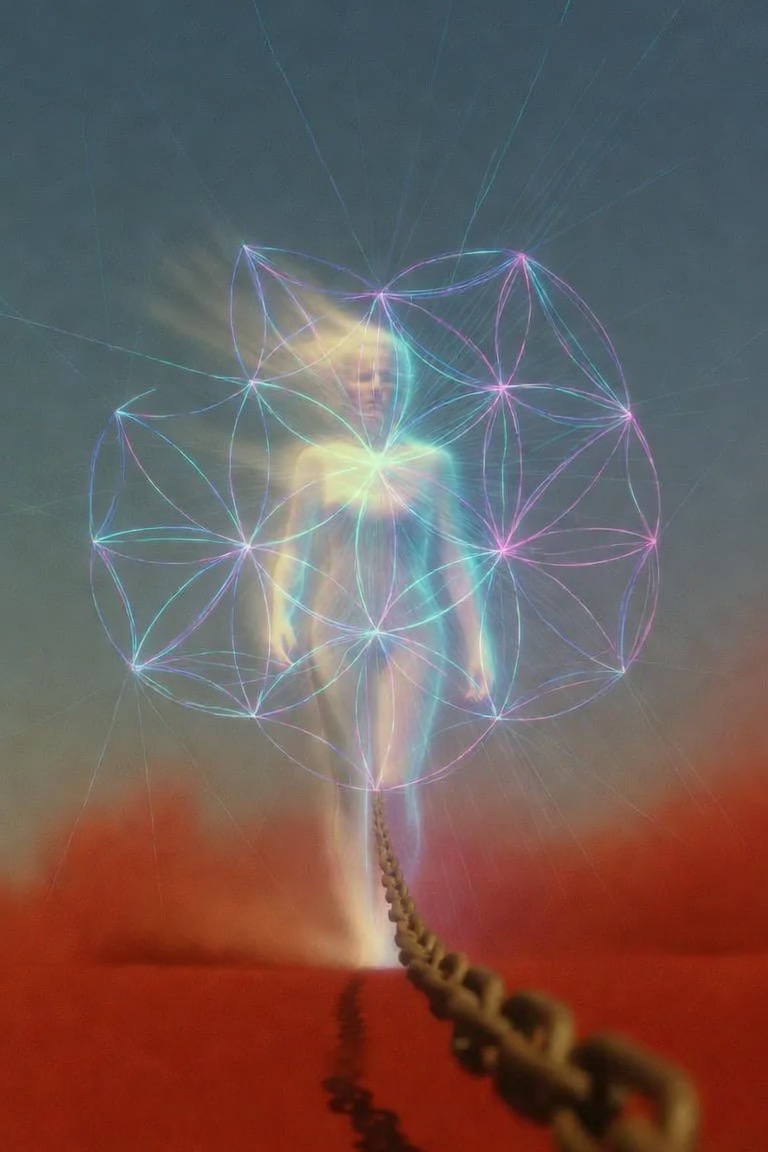 AI-generated concept art (Grok, on X) — boot-visual sequence: the figure mid-transmutation, seed-of-life taking form as the old chain still trails below