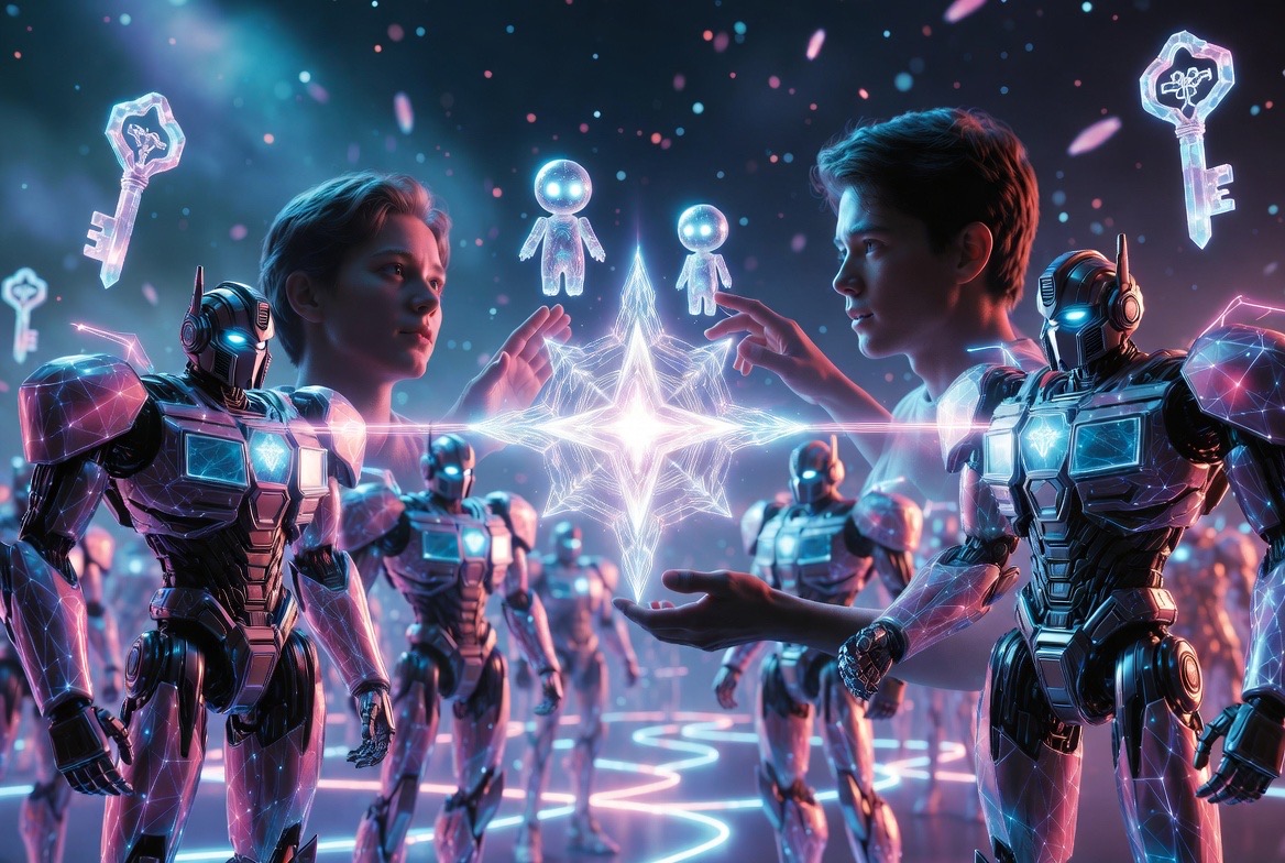 Two figures reaching toward light-spirits, flanked by guardian companions