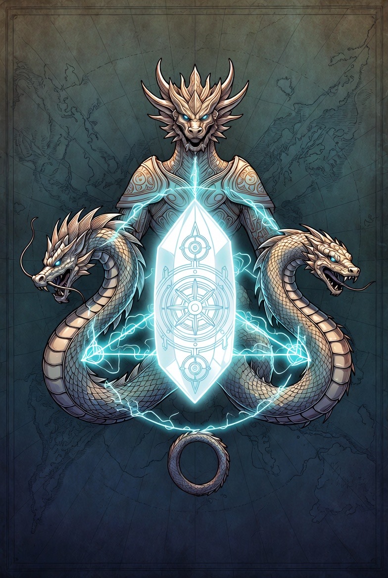 The heraldic crest — dragon-armored sentinel, twin serpents, compass crystal