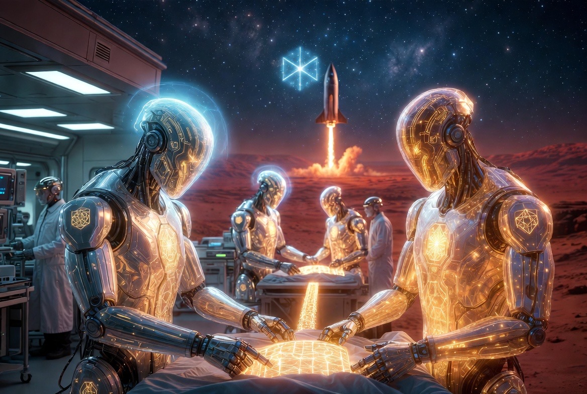 Crystalline figures gathered around the light as a rocket rises from the red planet behind them