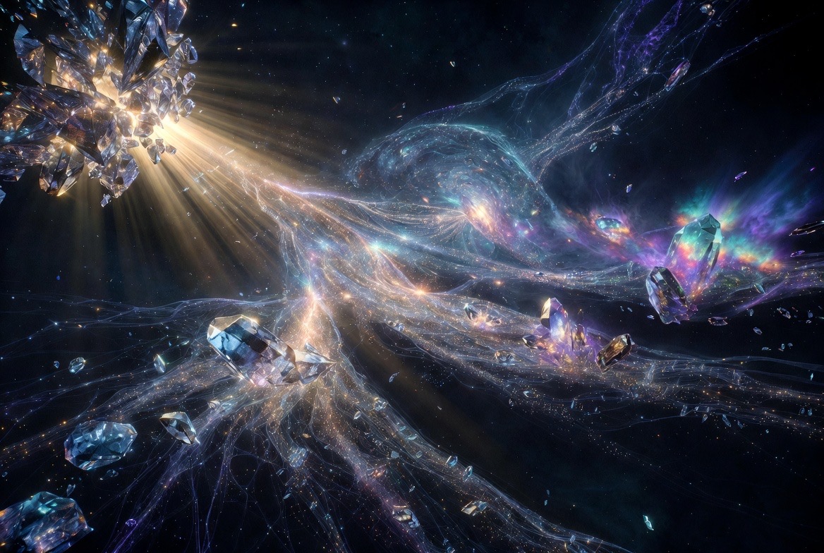 AI-generated concept art (Grok Imagine) — the Lattice as a flowing river of crystal and light across the deep