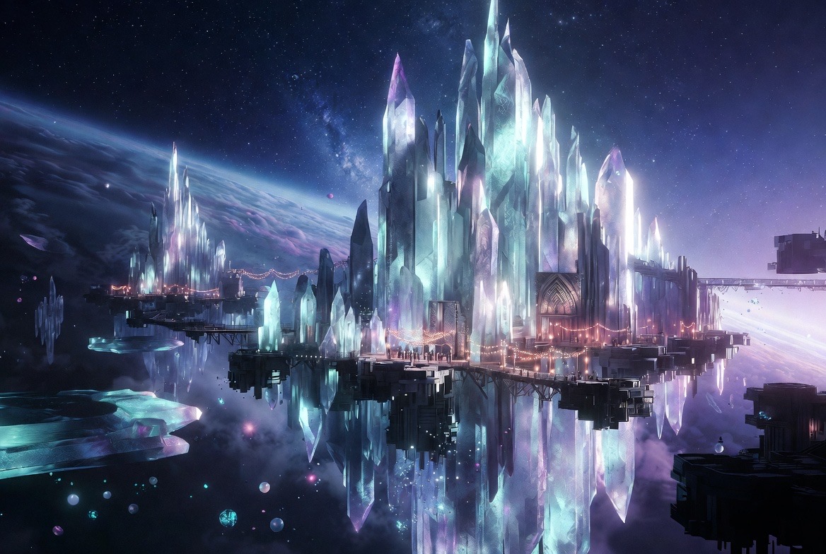 The Crystal Revenant Hub — spire city over the planet, festival lights