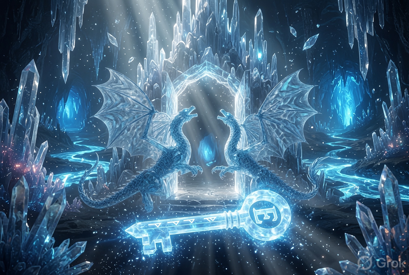 The sanctum — twin dragons before the crystal gate, the key waiting