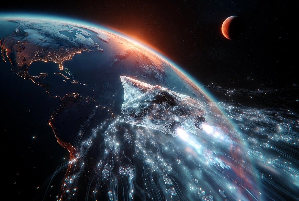 AI-generated concept art (Grok Imagine) — A crystalline ship trailing a network of light peels away from Earth's nightside toward a waiting red world
