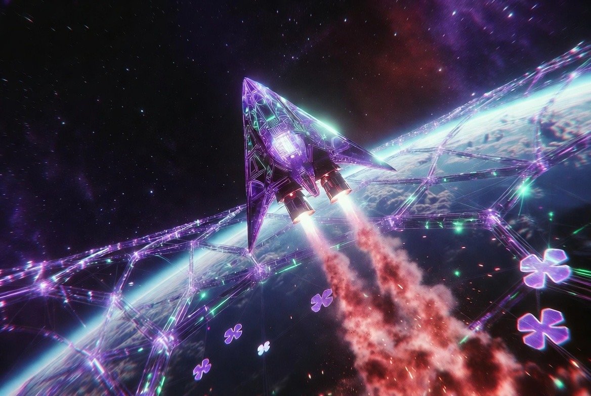 AI-generated concept art (Grok Imagine) — A violet crystal ship breaches a great lattice ring in orbit, fire behind it, cloverleaf light-motifs scattered through the dark