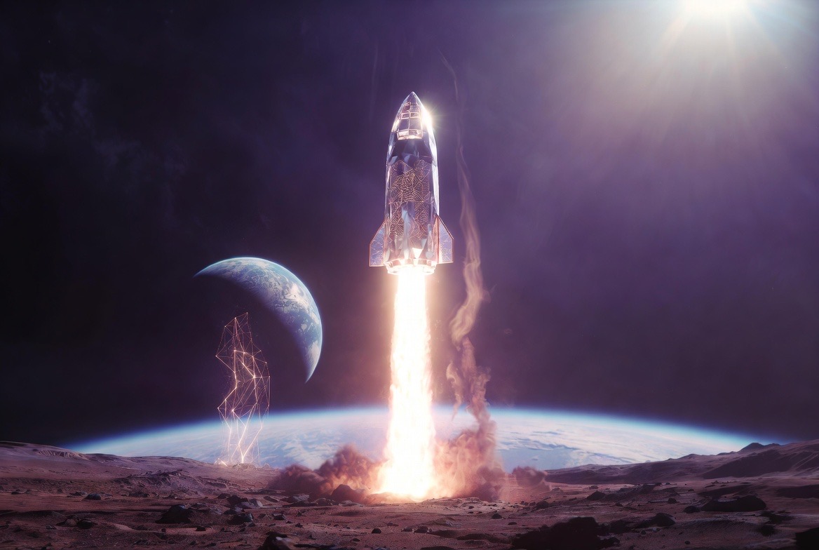 AI-generated concept art (Grok Imagine) — the crystal ship rising from the red planet on a pillar of fire, Earth in crescent behind, a wireframe watcher at the pad