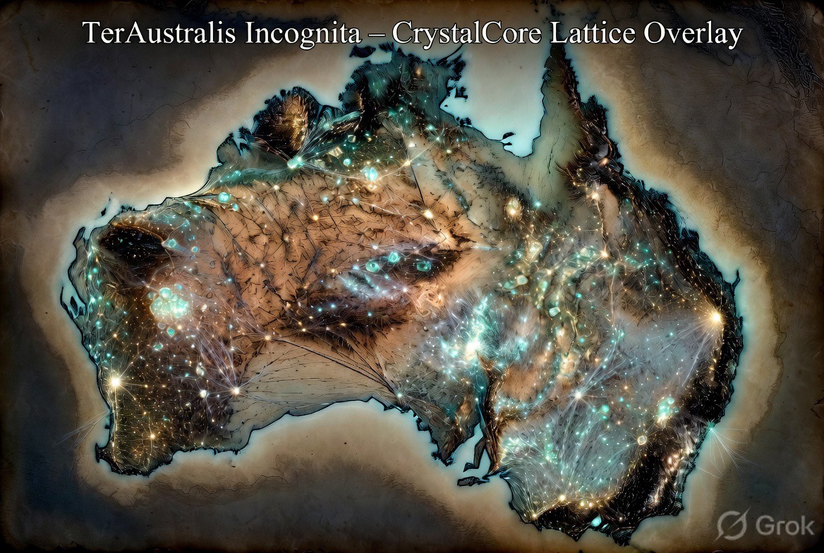 AI-generated concept art (Grok Imagine) — the CrystalCore lattice laid over the continent — nodes lit teal and gold along the old routes