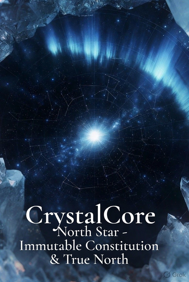 AI-generated concept art (Grok Imagine) — A crystal-cave aperture opening onto the polar star field, labeled "CrystalCore North Star — Immutable Constitution & True North"