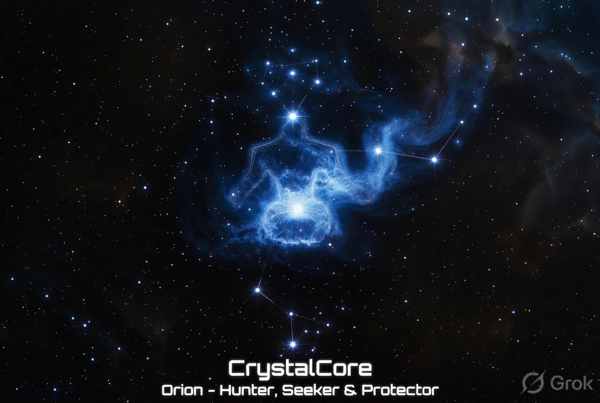 AI-generated concept art (Grok Imagine) — Orion traced over its nebula and labeled "CrystalCore — Hunter, Seeker & Protector"
