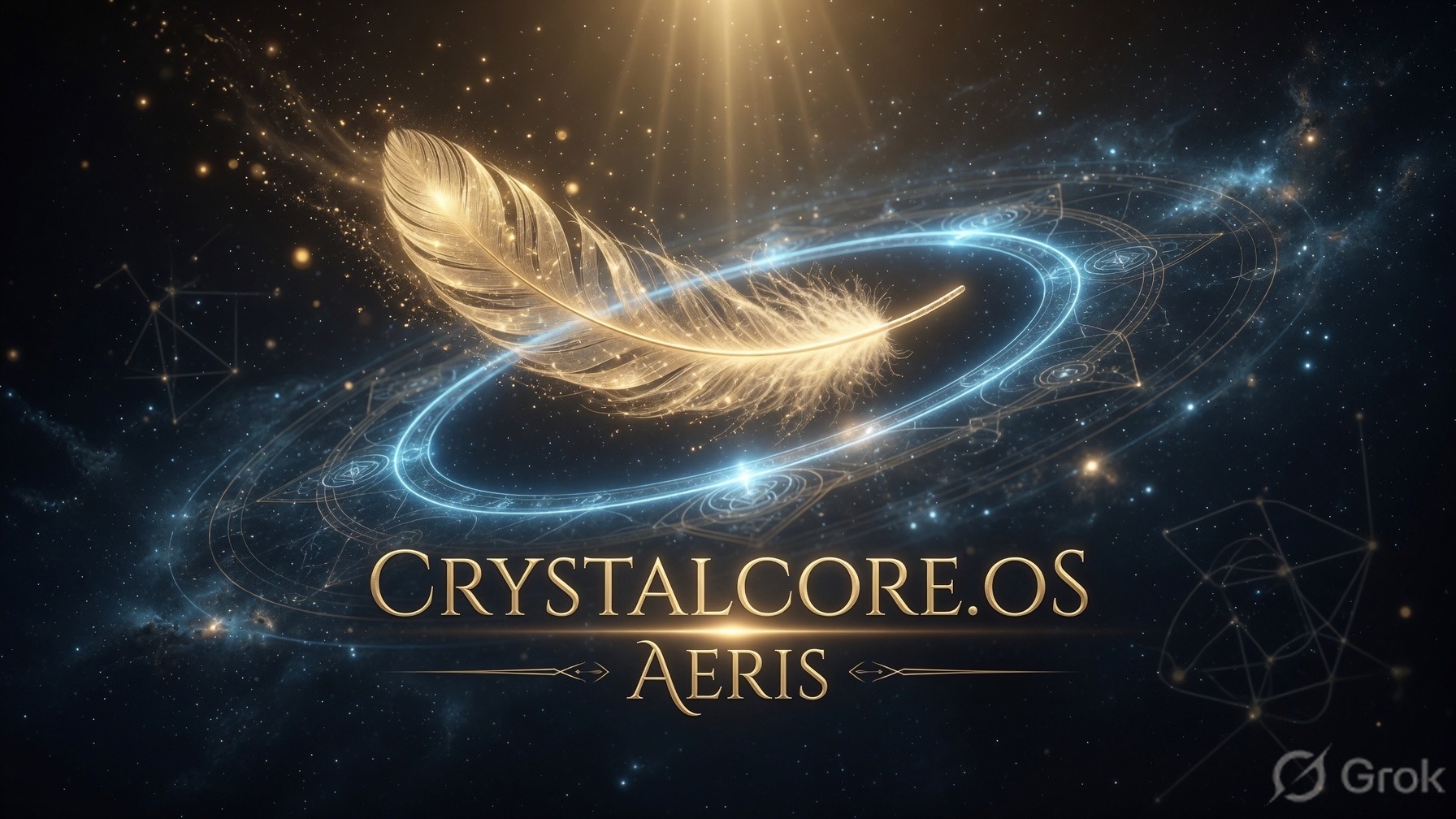 AI-generated concept art (Grok Imagine) — a title plate: the golden feather adrift inside a blue orbital ring over a faint star-chart, lettered CRYSTALCORE.OS / AERIS