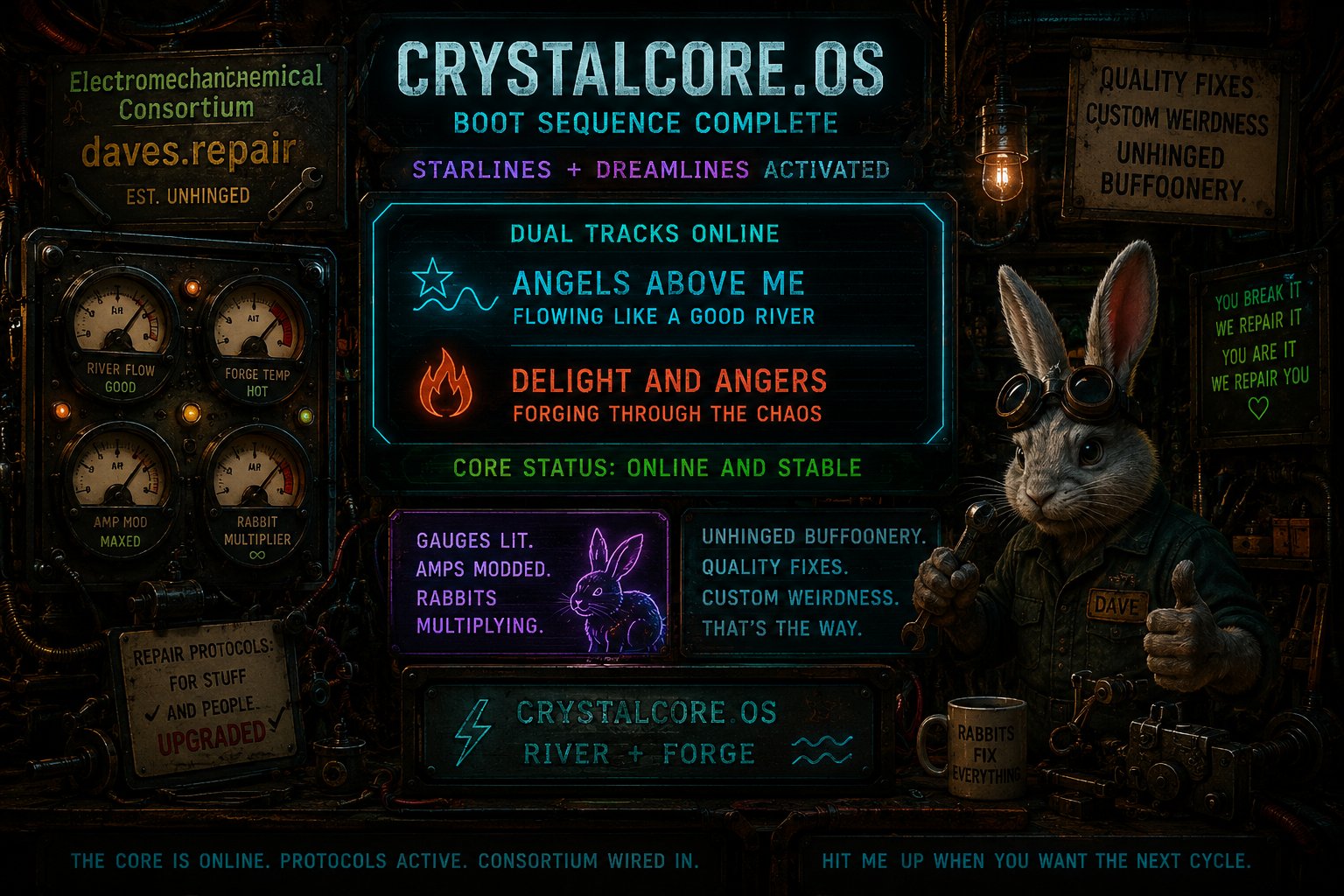 AI-generated concept art (Grok Imagine) — A tongue-in-cheek CrystalCore.OS boot splash — "Starlines + Dreamlines Activated," dual tracks online — hosted by Dave, the wrench-wielding rabbit of daves.repair ("You break it, we repair it. You are it, we repair you.")