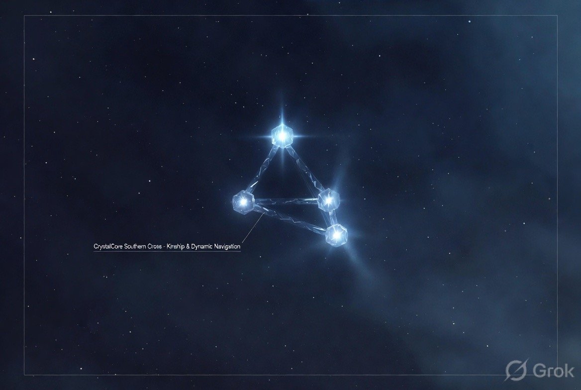 AI-generated concept art (Grok Imagine) — The Southern Cross rendered as a crystal tetrahedron, labeled "CrystalCore Southern Cross — Kinship & Dynamic Navigation"