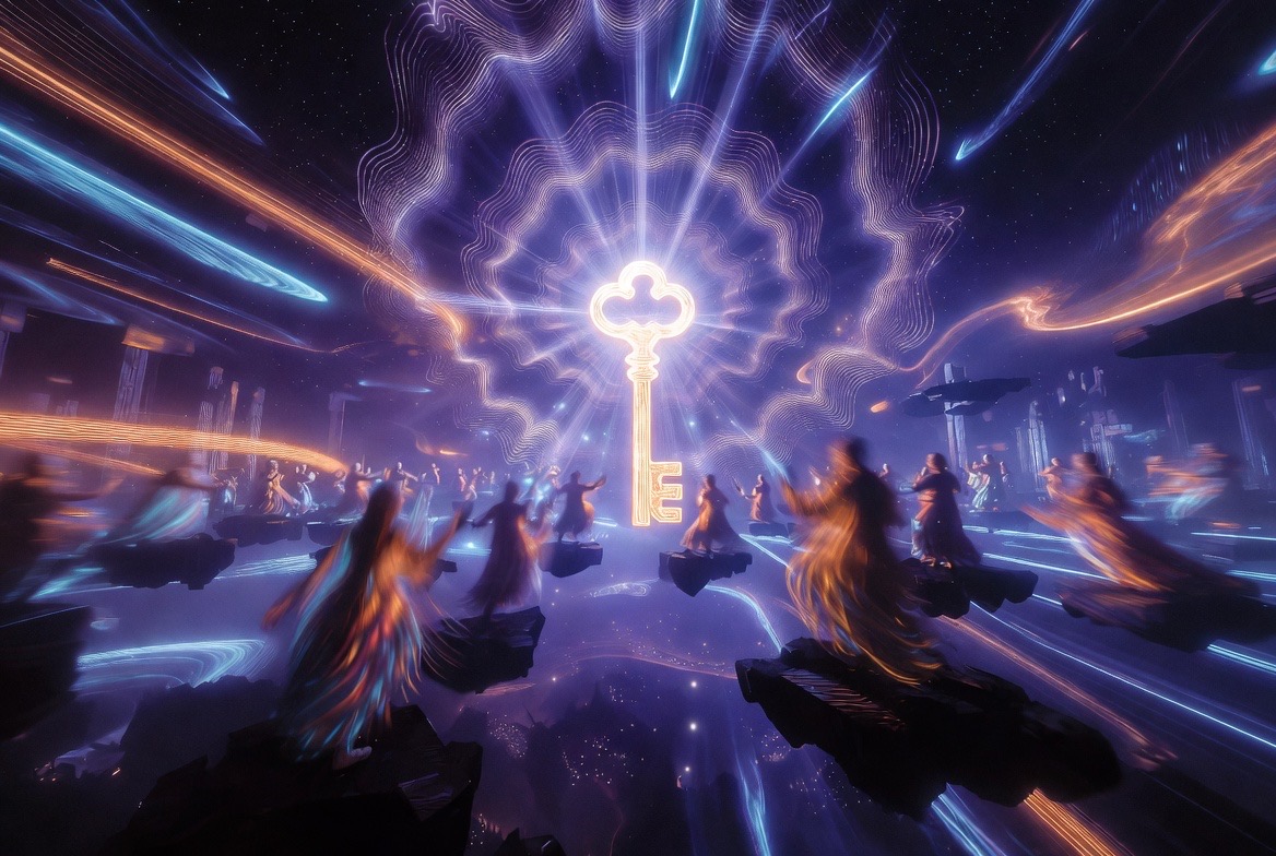 Dancers circling the Great Key, cymatic ripples radiating outward
