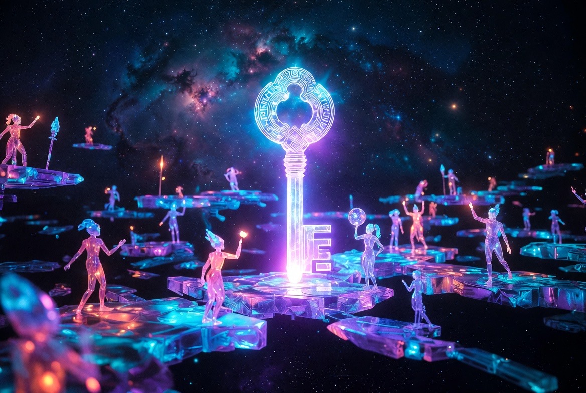 Small luminous dancers on floating platforms circling the Great Key