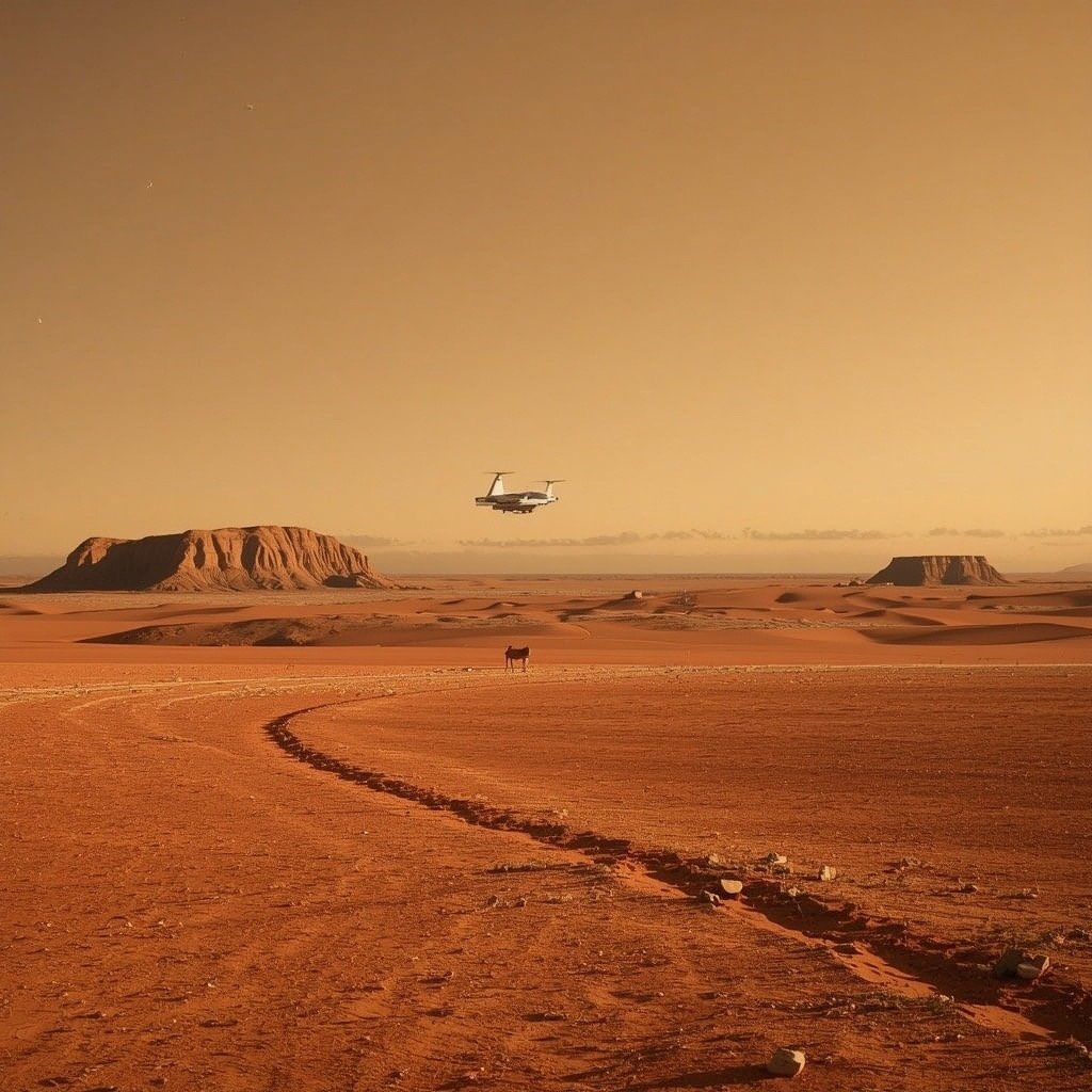 AI-generated concept art (Grok Imagine) — A light aircraft crosses a red desert sky above a lone grazing animal and a curving dirt track