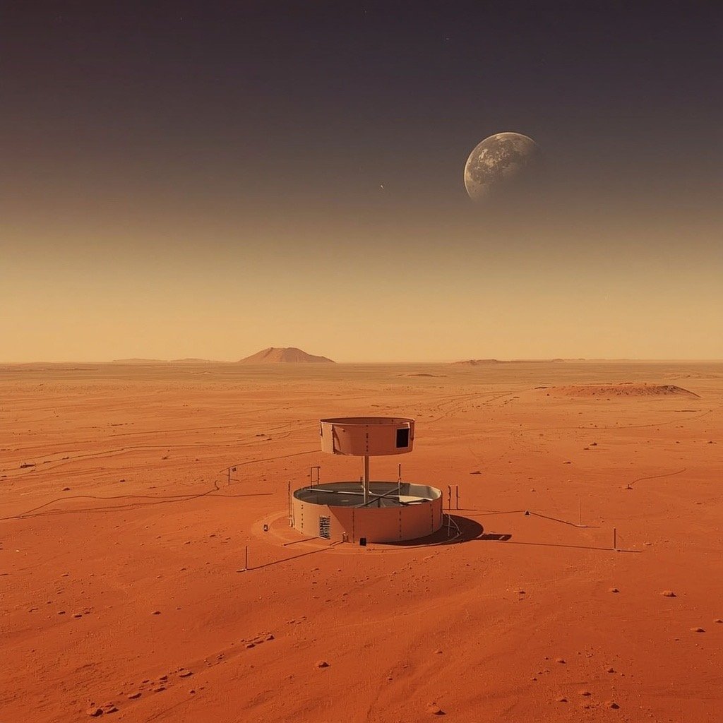 AI-generated concept art (Grok Imagine) — A circular water-tower installation stands alone on red desert ground beneath a rising moon