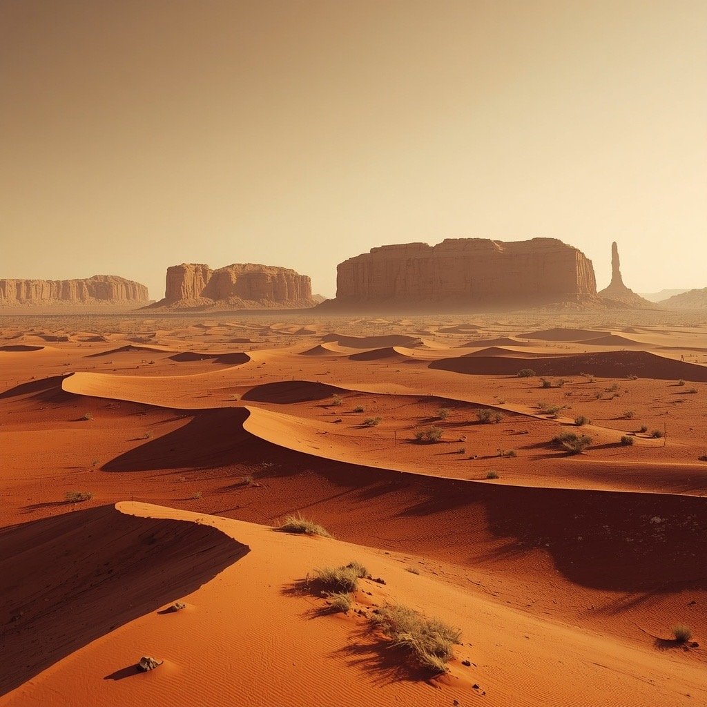 AI-generated concept art (Grok Imagine) — A dune field rolling out toward distant mesas in the haze