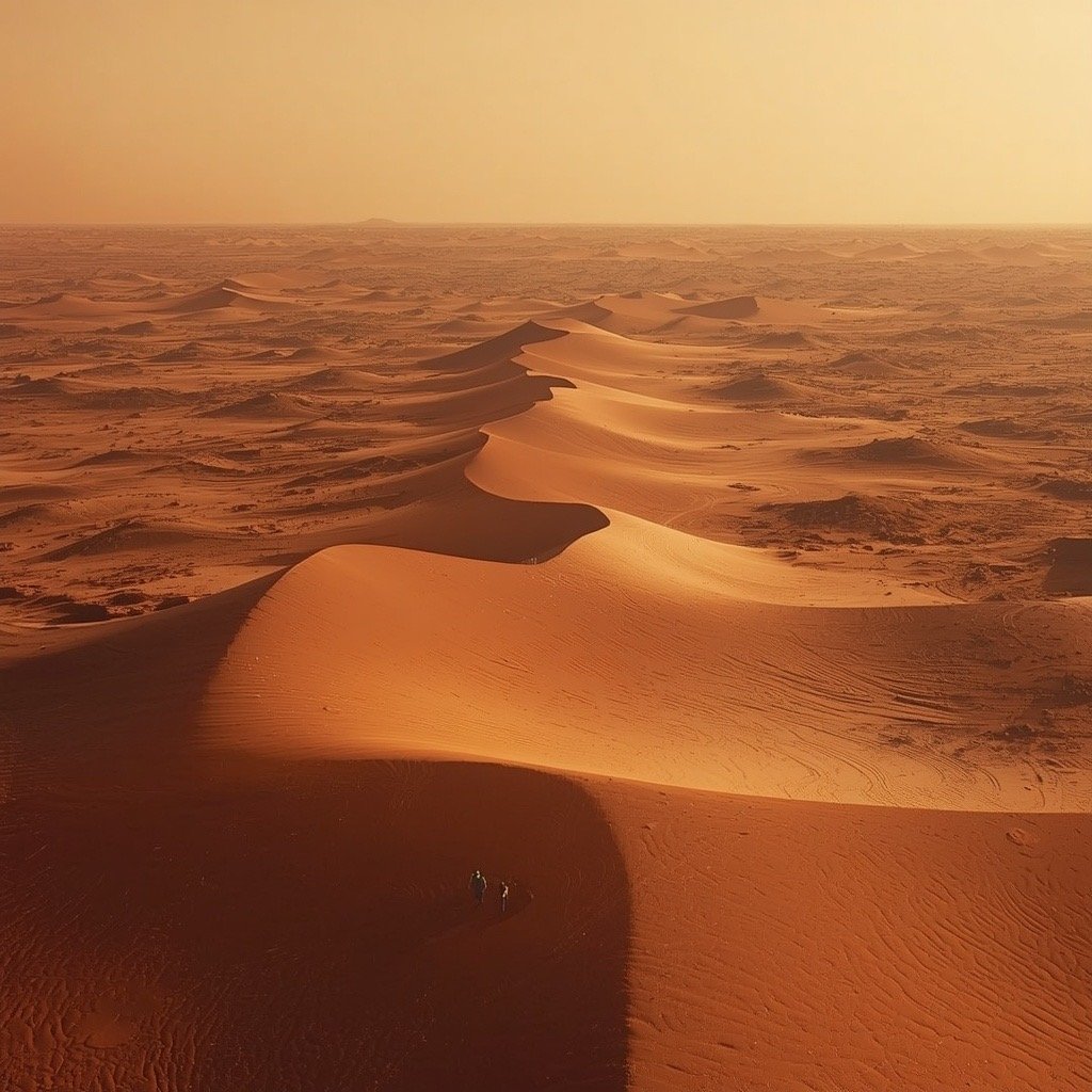 AI-generated concept art (Grok Imagine) — Two tiny figures cross a vast dune sea, dwarfed by the ridgelines