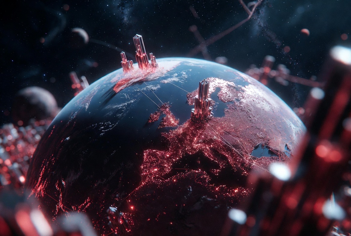 Earth Node — crystal towers rising from the lit continents