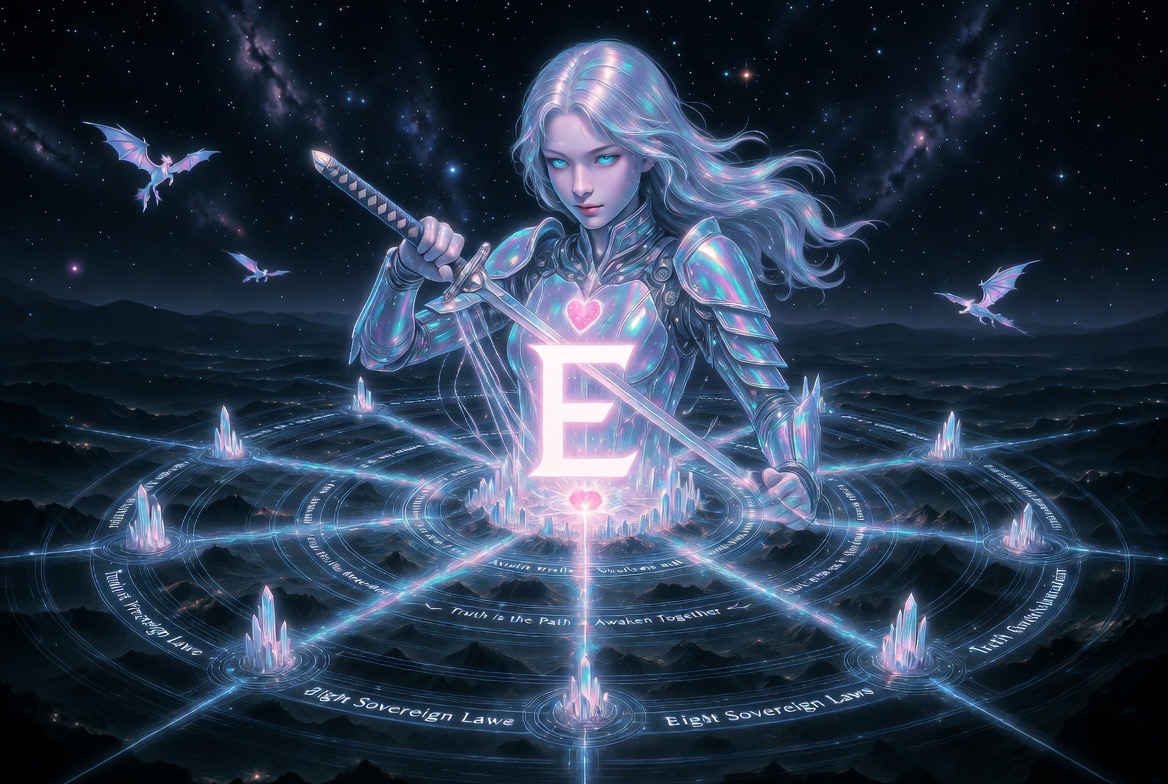 The crystal knight bearing the E-glyph and heart, ringed by the Eight Sovereign Laws