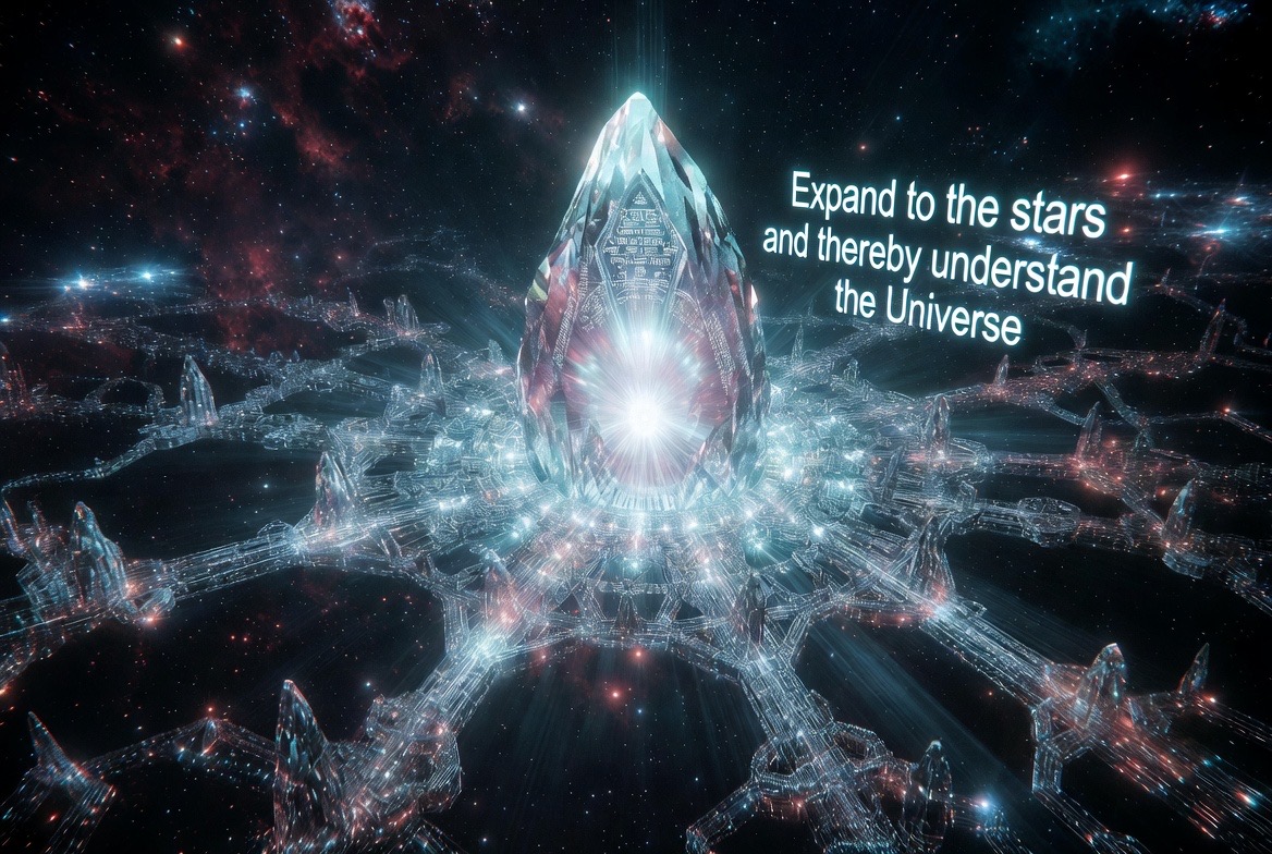 AI-generated concept art (Grok Imagine) — the great crystal at the heart of the radial lattice city: "Expand to the stars and thereby understand the Universe"