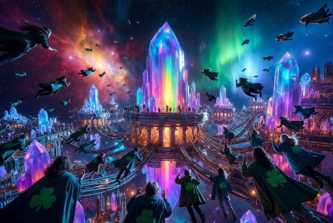 AI-generated concept art (Grok Imagine) — Cloaked figures in flight converge on a rainbow crystal spire at the heart of a lantern-lit crystal city, aurora breaking overhead