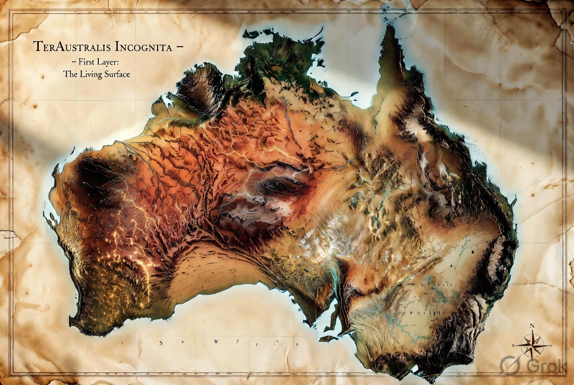 AI-generated concept art (Grok Imagine) — the continent as aged relief chart, veins of light through the red interior: "First Layer — The Living Surface"