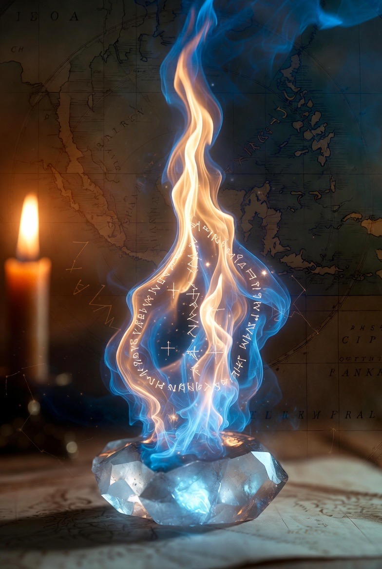 The rune-wreathed flame rising from the crystal on the chart