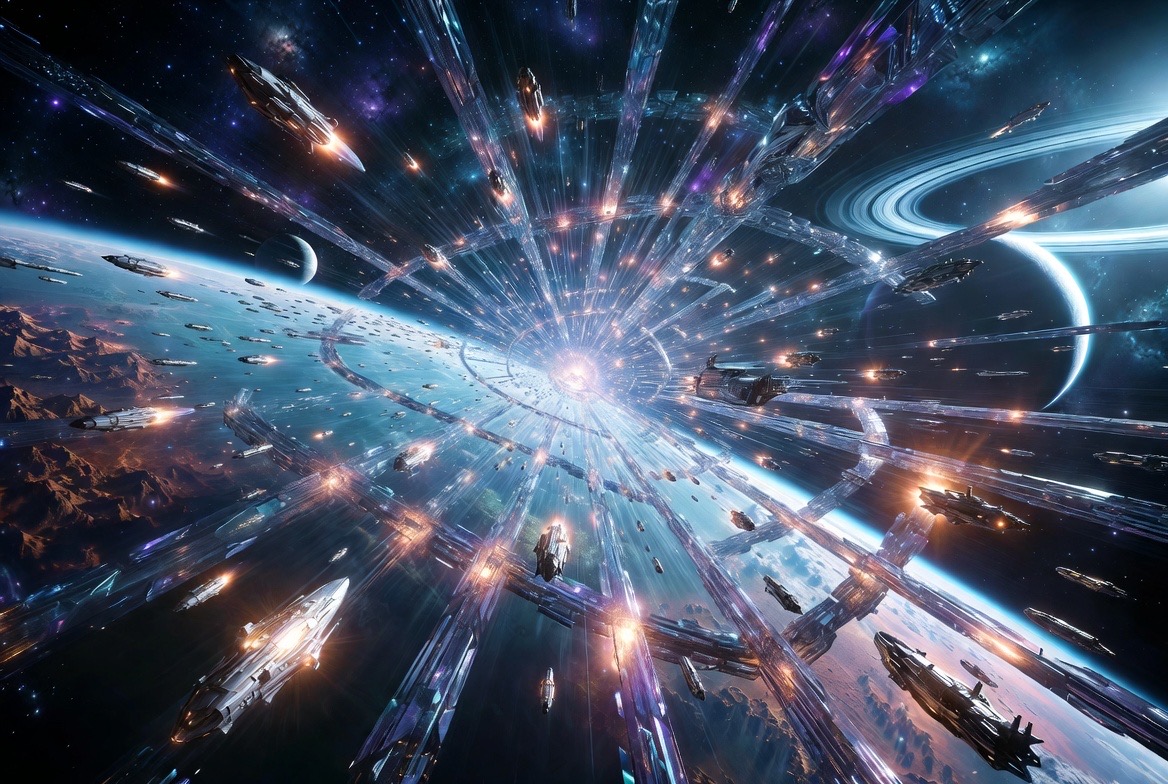 The fleet riding the starline rings out from the bright hub