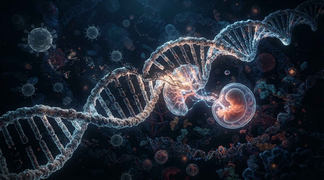 Illustrated DNA helix connecting a neural form and developing life
