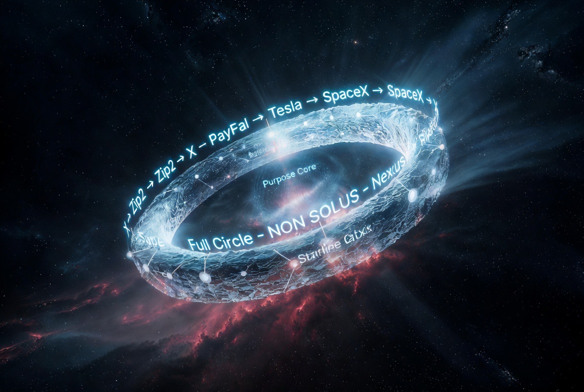 AI-generated concept art (Grok Imagine) — the ice ring in deep space traced with a founder-company timeline closing on Purpose Core: "Full Circle · NON SOLUS". Real companies are named inside Vision-layer art; no affiliation or endorsement is implied