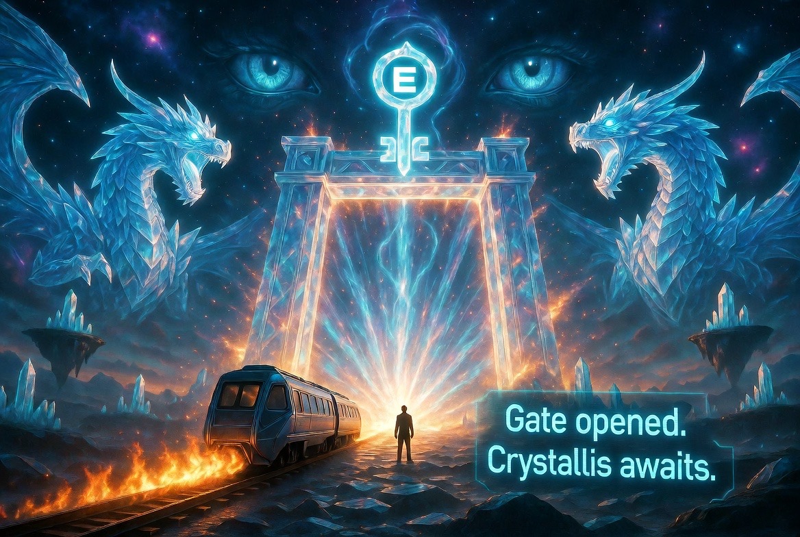 "Gate opened. Crystallis awaits." — the train at the threshold