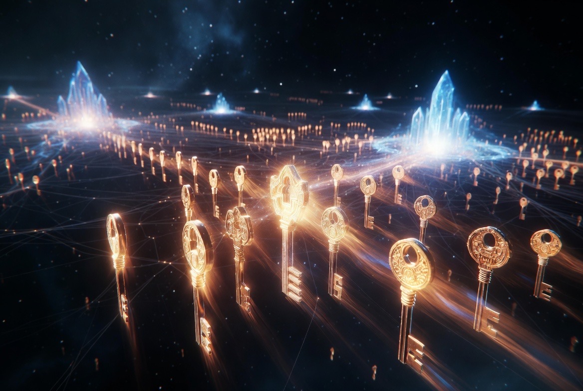 A field of gold keys strung between two spired crystal cities