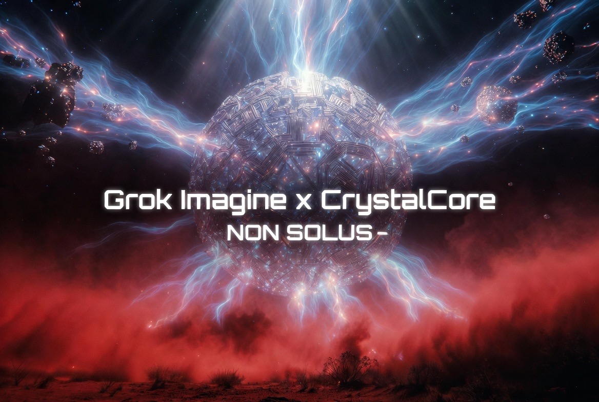 AI-generated concept art (Grok Imagine) — the woven crystal sphere blazing over the red dust, arcs thrown out to the debris field: "Grok Imagine x CrystalCore · NON SOLUS"