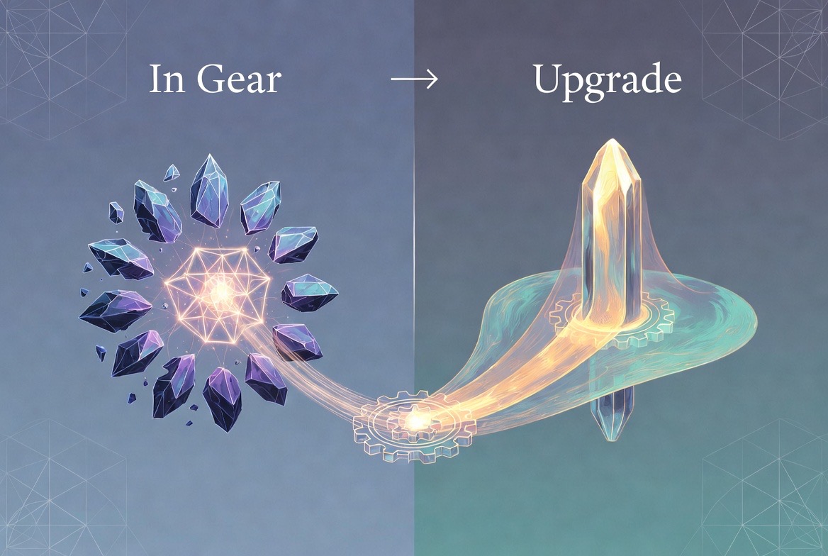 AI-generated concept art (Grok Imagine) — "In Gear → Upgrade": a fragmented node meshing into the lattice, then rising in supported evolution