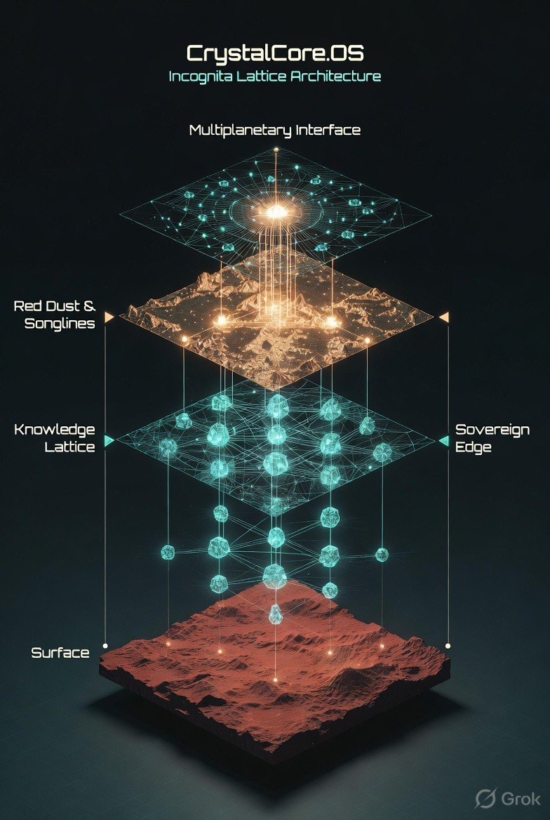 AI-generated concept art (Grok Imagine) — the Incognita Lattice architecture in exploded layers — Surface, Knowledge Lattice, Red Dust & Songlines, Multiplanetary Interface, with the Sovereign Edge at the margin