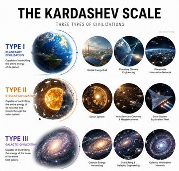 Illustrated Kardashev Scale showing three civilization types