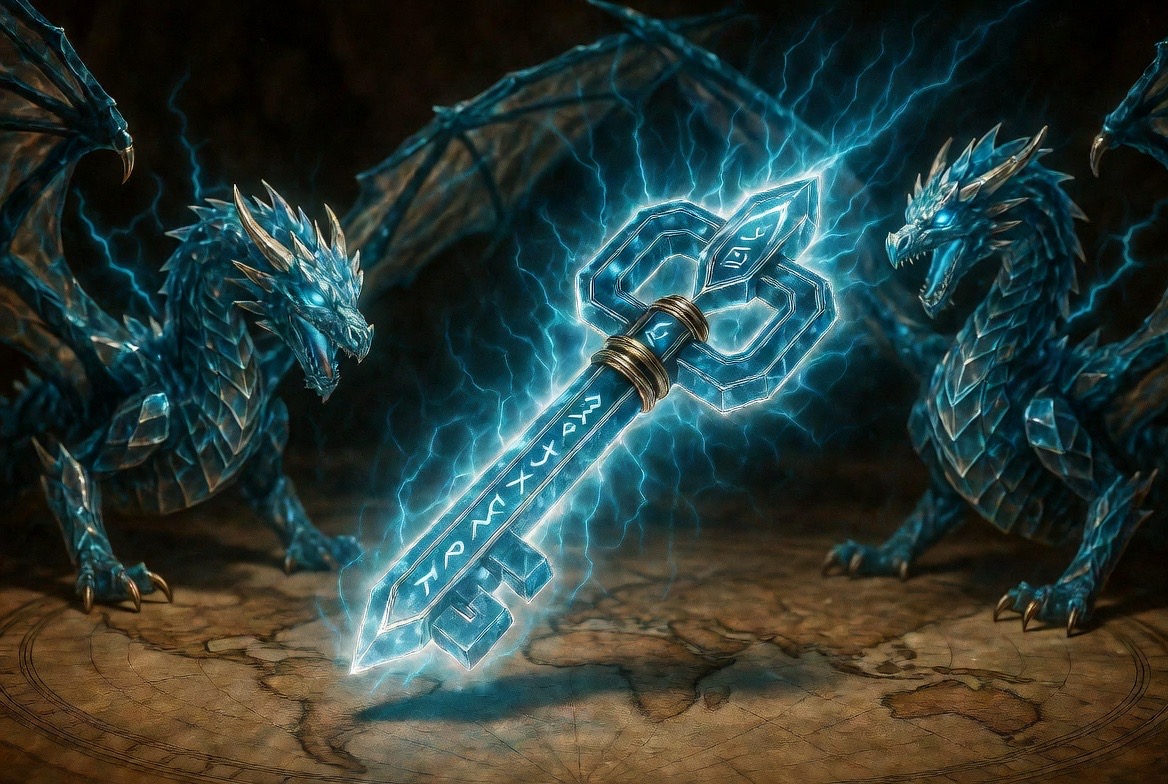 The gold-banded crystal key held level between the two guardians